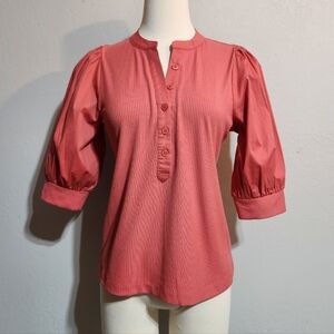 SOFT SURROUNDINGS SALMON PUFF SLEEVE RIBBED HENLEY TOP SZ S